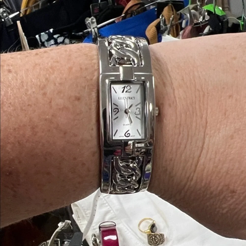 Ellen Tracy Women's Cuff Watch, Rectangular, Silvertone Metal Band,